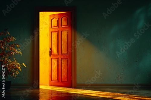 Golden Light Spills Through an Open Door in a Tranquil, Isolated Space Generative AI