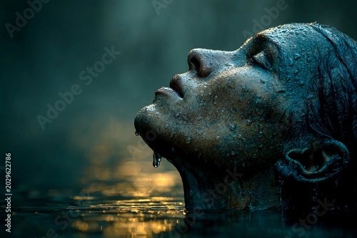 Figure Emerges From Serene Water, Surrounded by Mist and Tranquility at Dusk Generative AI
