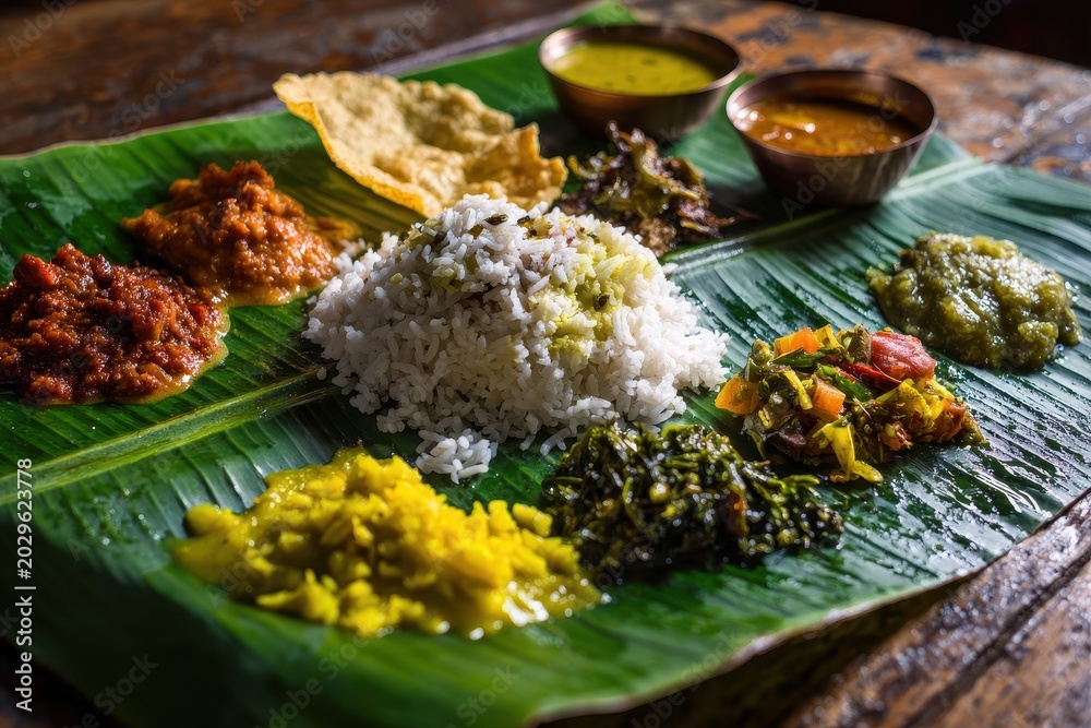 Fototapeta premium Traditional South Indian banana leaf meal with rice, sambar, chutneys and papad