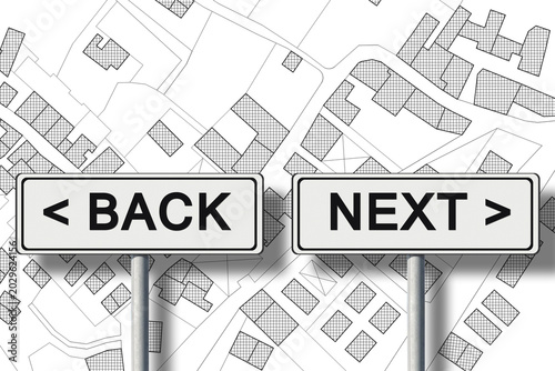 Cuadro en lienzo Back and next about building activity - concept image with road sign against an