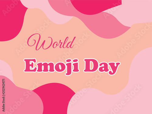 Vibrant pink and magenta abstract shapes background with world emoji day text in bold font