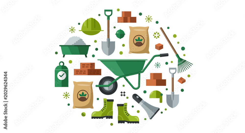 Naklejka premium Flat Vector Illustration of Gardening and Construction Tools in a Circle Arrangement