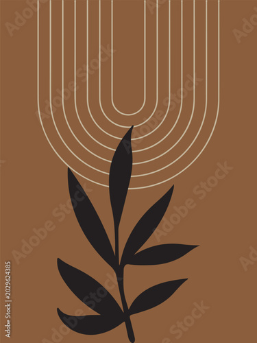 brown wall art background with dark leaf and geometric ornament