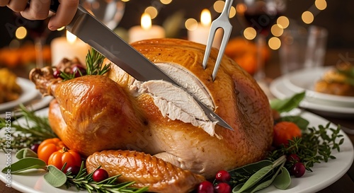 Roasted turkey being carved on a platter with festive thanksgiving decorations