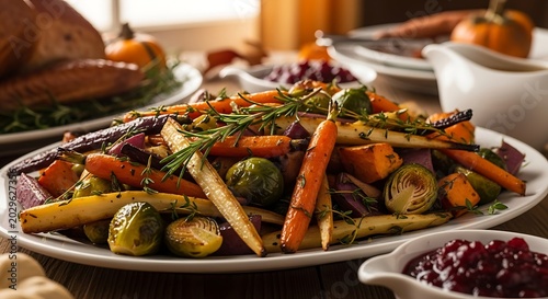Roasted vegetables on a plate featuring carrots potatoes and brussels sprouts