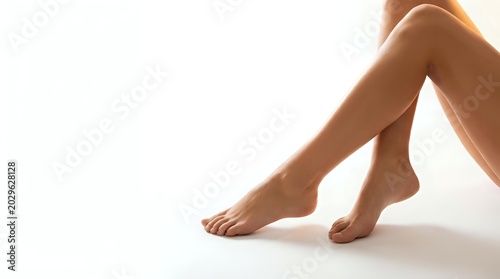 Smooth female legs with natural skin tone in soft golden lighting against clean white background for beauty and skincare concepts.