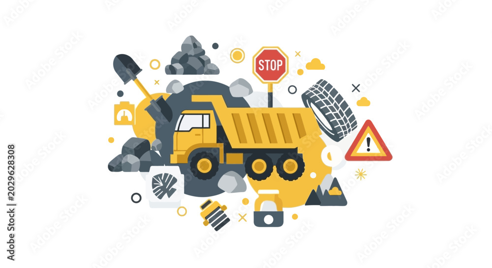 Naklejka premium Industrial Construction and Mining Vector Illustration with Dump Truck, Shovel, and Safety Signs in Modern Flat Design