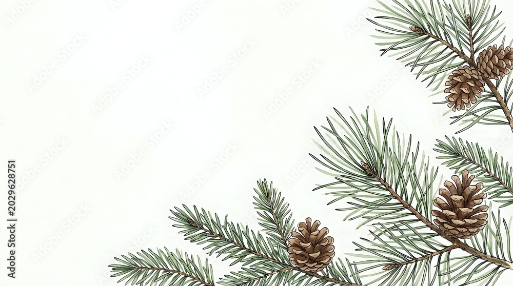 Fototapeta premium Winter holiday frame with evergreen pine branches and natural brown pinecones on clean white background for seasonal greeting cards and festive designs.