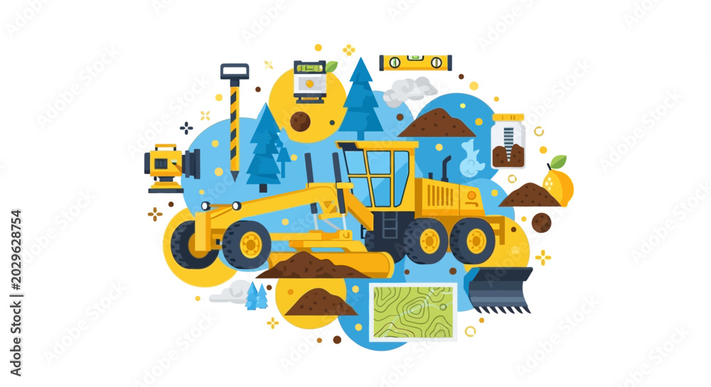 Naklejka premium Motor Grader and Land Surveying Equipment Illustration for Civil Engineering and Road Construction