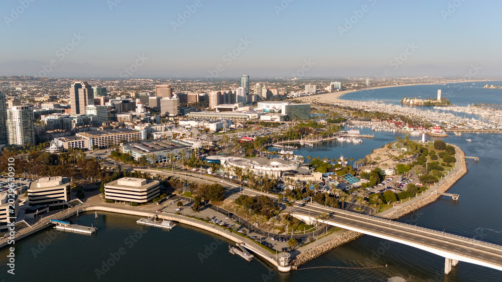 Fototapeta premium Aerial view of Long Beach California downtown waterfront and bridge