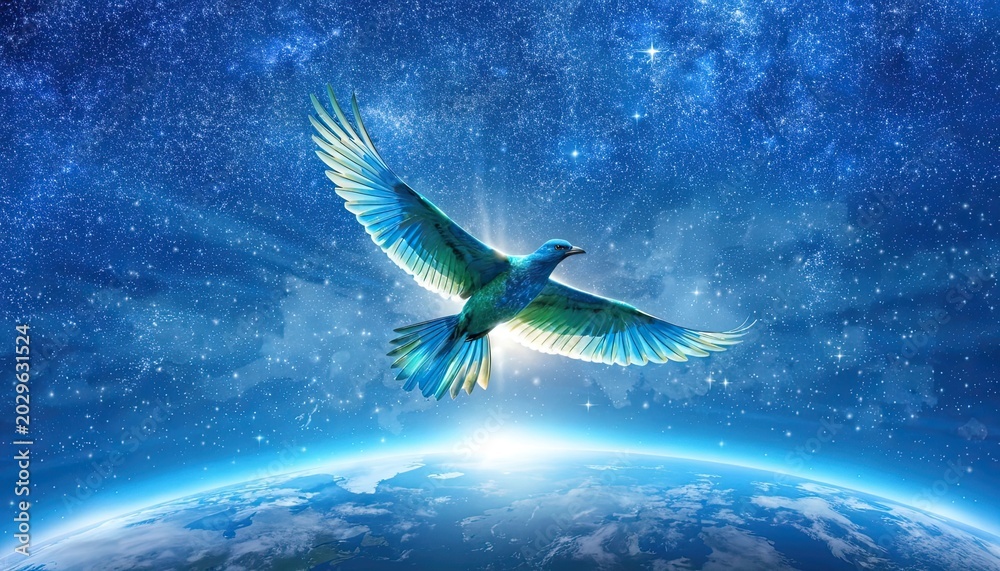 Fototapeta premium Dove flying over glowing earth against starry night sky with galaxy universe ethereal spirituality astronomy
