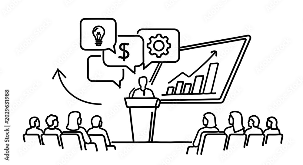 Naklejka premium Business presentation with speaker, audience, and growth chart icons
