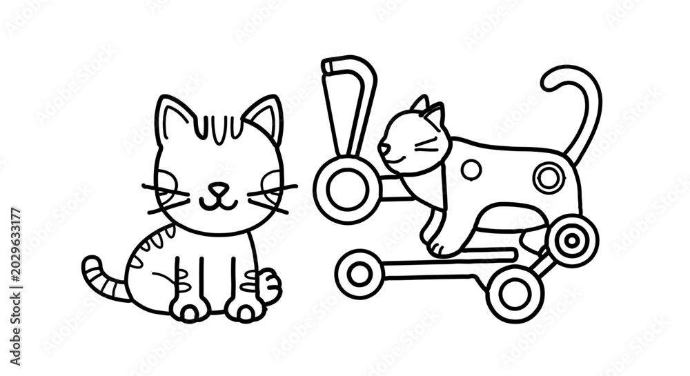 Fototapeta premium Cute cartoon cat sitting next to a toy cat on wheels