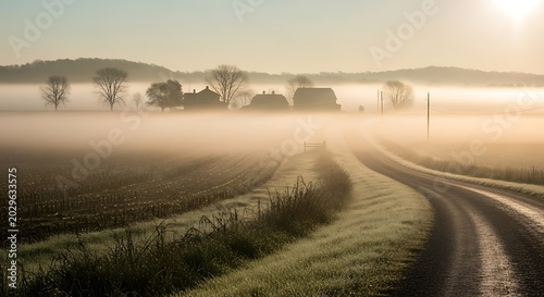 Rural road winding through misty fields at sunrise landscape view