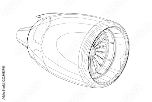 Detailed contour drawing of a jet engine turbine with intricate lines and realistic curves on a white background.