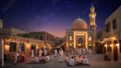 People gather for Iftar during Ramadan in a traditional Middle Eastern village with a mosque illuminated by string lights