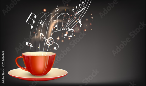 Coffee cup with musical steam on dark background