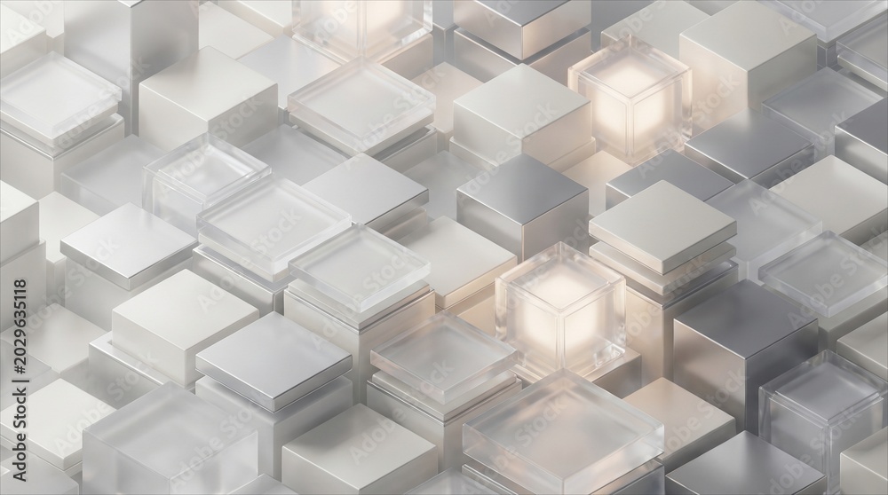Obraz premium Abstract 3D render of interconnected frosted and metallic cubes with subtle light - ideal for technology backgrounds, data visualization, corporate presentations, and modern design projects