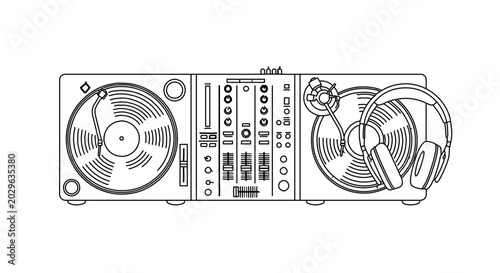 Dj controller with turntables and headphones line art illustration