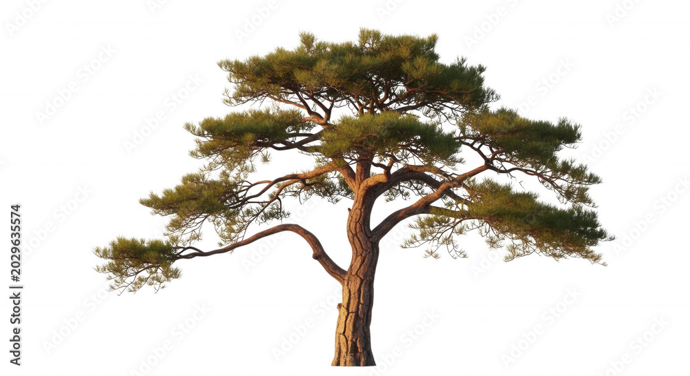 Fototapeta premium A single, pine tree with textured, rugged bark and sprawling, layered green needle branches isolated against a solid black background
