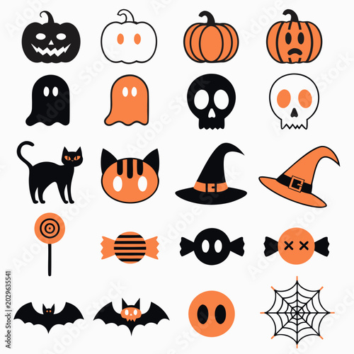 Flat Halloween icon set vector pack featuring witch hat black cat spiderweb pumpkins and skulls