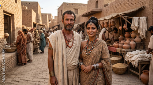 Ancient Indus Valley couple in traditional attire amidst a bustling marketplace scene