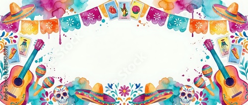 Colorful Mexican fiesta banner with guitars, skulls, maracas, sombreros, papel picado and loteria cards in vibrant watercolor style, copy space center.