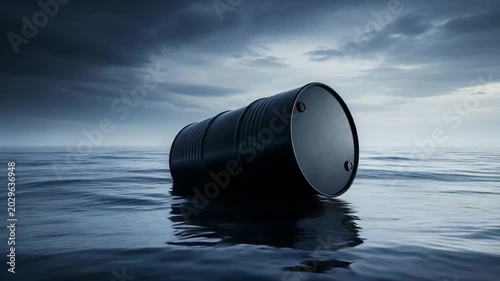 Oil Drum Adrift at Sea: A solitary black oil drum floats ominously on the dark, choppy waters under a stormy, cloud-filled sky, symbolizing environmental concerns and industrial impact.