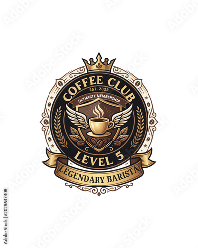 Ornate Luxury Vintage Style Coffee Club Level 5 Legendary Barista Shield Badge Vector Emblem with Wings and Crown