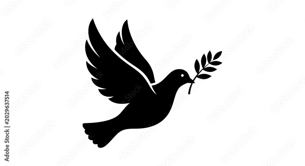 Fototapeta premium Minimalist black silhouette of a dove flying with an olive branch.