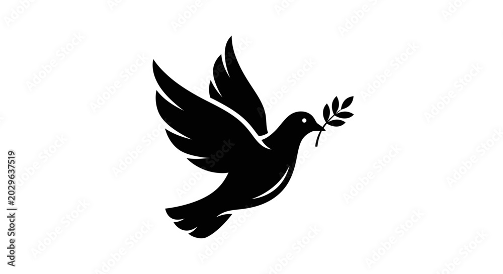 Obraz premium Minimalist black silhouette of a flying dove holding an olive branch.