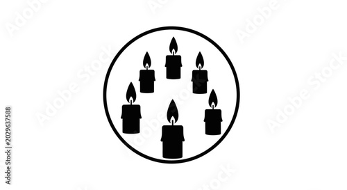 Minimalist black icon featuring six lit candles arranged in a circular formation.