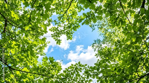 A serene daytime view looking up through lush green tree leaves towards a partly cloudy blue sky with sunlight filtering through