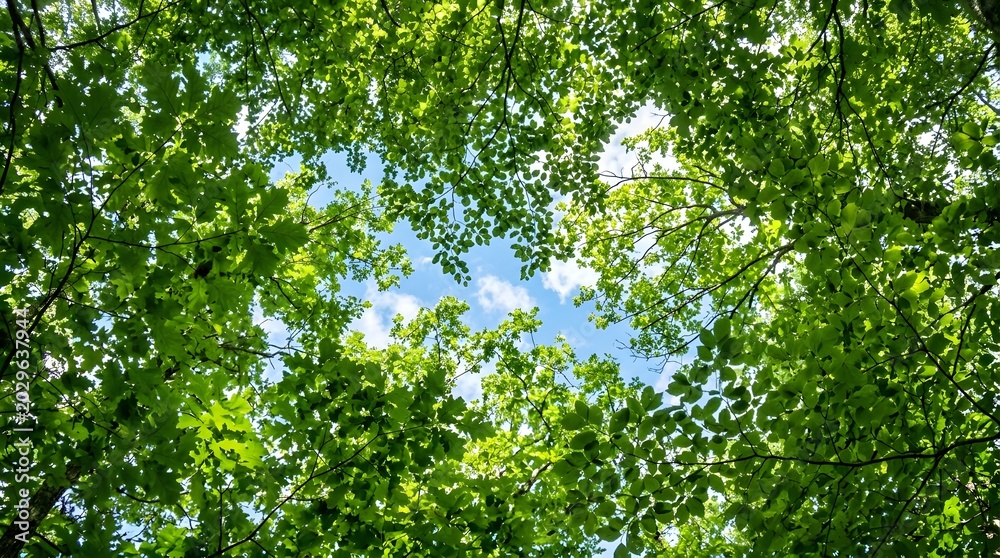 Fototapeta premium Vibrant green leaves cover the treetops under a bright sunny sky with clouds
