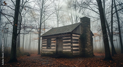 Rustic cabin nestled in a misty forest evoking a sense of tranquility