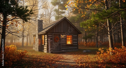 Rustic cabin nestled in a serene autumn forest scene with warm inviting light