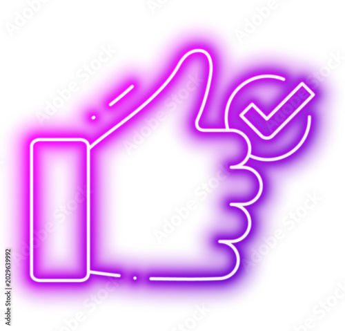 Thumb Up Check Badge For Confirmed Like Review. Neon glowing effect icon