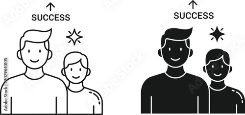 Team success icon set linear and solid styles two men celebrating