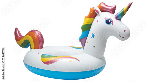 A large inflatable pool float in the shape of a magical unicorn