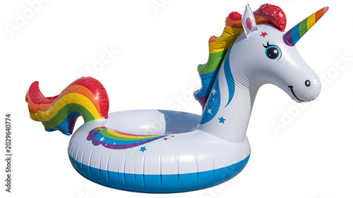 A large inflatable pool float in the shape of a magical unicorn