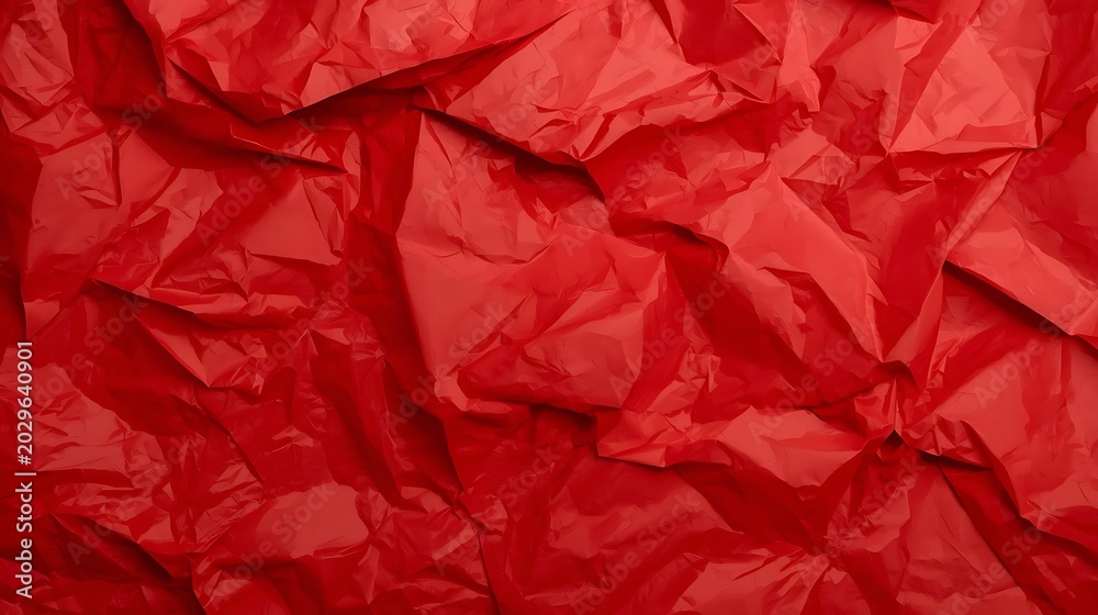 Fototapeta premium Close-up texture of crumpled red paper with soft shadows and vibrant color background