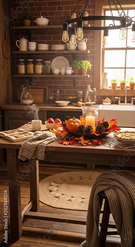 Rustic kitchen interior with autumnal decorations and warm lighting