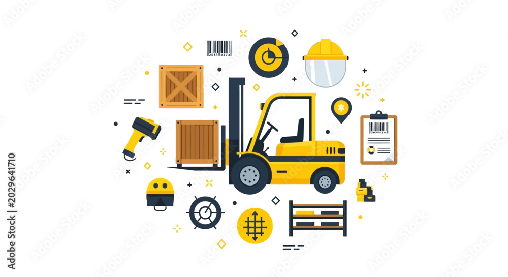 Naklejka premium Modern Logistics and Warehouse Management Illustration Featuring Forklift, Inventory Crates, and Industrial Safety Equipment on White Background