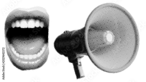 Bilde på lerret Pop art halftone mouth and megaphone open lips and loudspeaker for communication