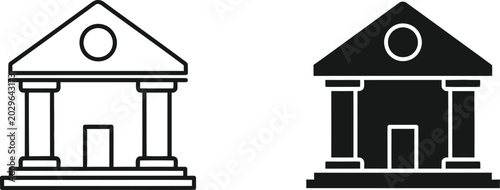 Classical building facade icon set line art and solid silhouette