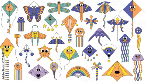 фотографія Colorful kite illustrations with smiling faces, butterfly shapes, dragonfly form