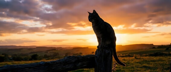Cat silhouette sitting on stone wall against dramatic sunset sky with golden clouds over rural landscape. Pet animal enjoying peaceful evening outdoors.