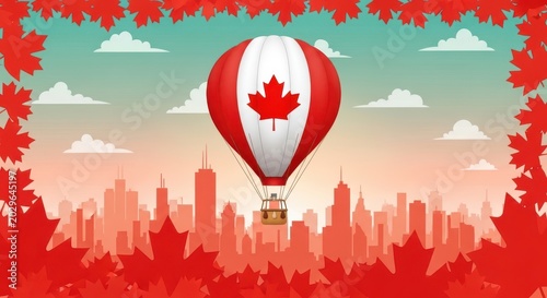 Hot air balloon with Canadian flag design over cityscape and maple leaves border.