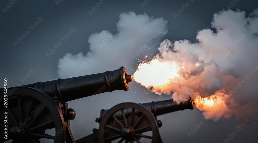 Fototapeta premium Two vintage cannons fire intensely sending smoke clouds into dark sky. Dramatic muzzle flash from artillery blast illuminates scene with orange glow. Loud bang noise.