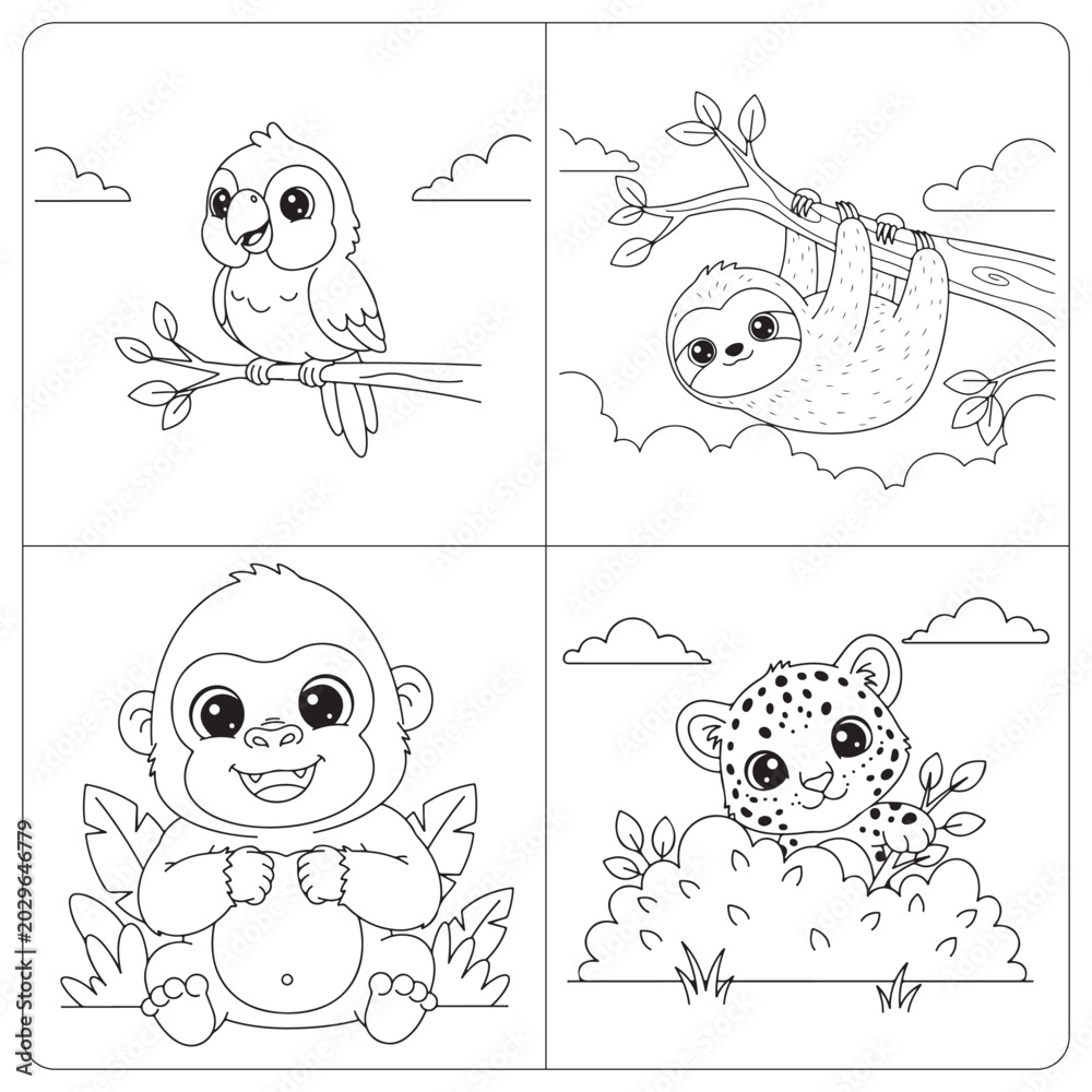 Fototapeta premium Cute Jungle Animals Coloring Page Parrot Sloth Gorilla Leopard for Kids 